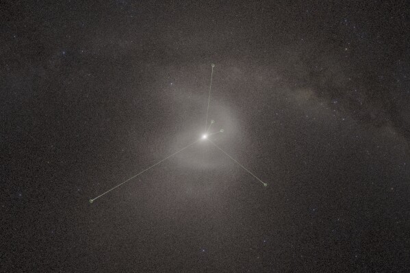 This image provided by the American Museum of Natural History shows a new planetarium show showing a backwards S-shaped spiral in what's known as the Oort Cloud far beyond Pluto. (American Museum of Natural History via AP)
