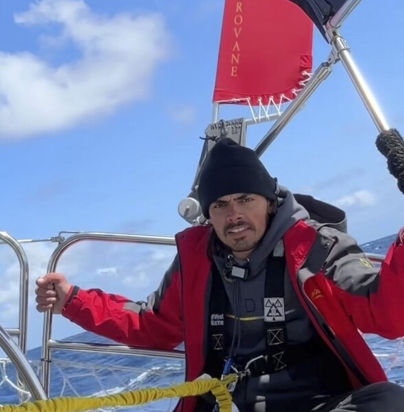In this screengrab taken from a video posted on Oliver Widger's Instagram account on Sunday, May 4, 2025, Widger talks to the camera somewhere in the Pacific Ocean as he and his cat, Phoenix, sail from Oregon to Hawaii. (Oliver Widger via AP)