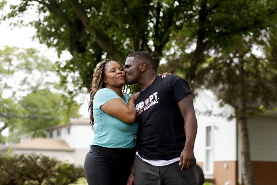 Adrienne Hazel, left, poses for a photo with her son Ricky on Thursday, July 17, 2025, in Southfield, Mich. (AP Photo/Sylvia Jarrus)