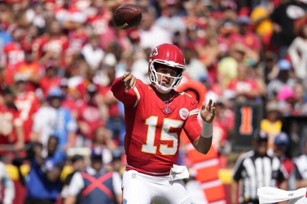 Kansas City Chiefs quarterback Patrick Mahomes (15) throws a pass against the Detroit Lions during the first half of an NFL preseason football game Saturday, Aug. 17, 2024, in Kansas City, Mo. (AP Photo/Ed Zurga)