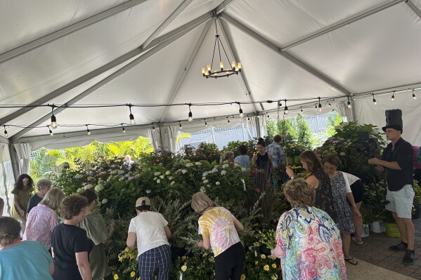 This image provided by Homestead Gardens shows attendees participating in a foraging workshop at the garden center's Davidsonville, M.D., location on June 8, 2024. (Megan McMullen/Homestead Gardens via AP)