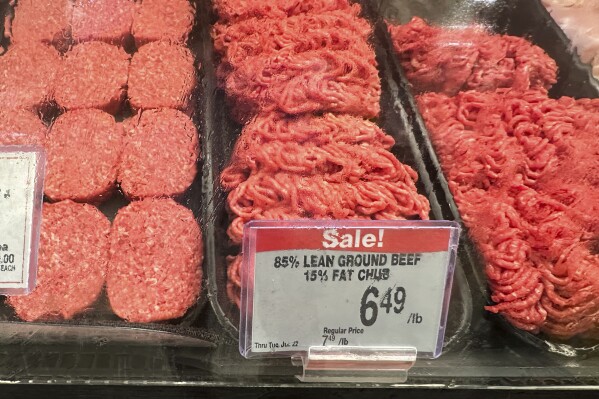 A price for beef is displayed at a grocery store in Mount Prospect, Ill., Thursday, July 17, 2025. (AP Photo/Nam Y. Huh)