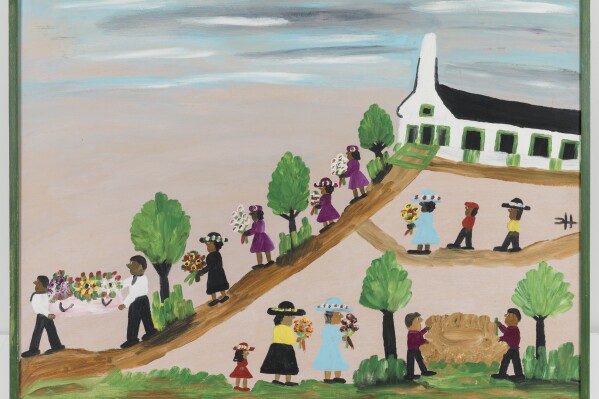 This image released by the American Folk Art Museum shows “Funeral”, an oil on board by Clementine Hunter, part of the American Folk Art Museum collection, gift of Joan Einbender. (American Folk Art Museum via AP)