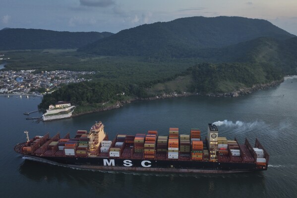 A container ship approaches the port of Santos in Brazil, Tuesday, April 1, 2025. (AP Photo/Andre Penner)