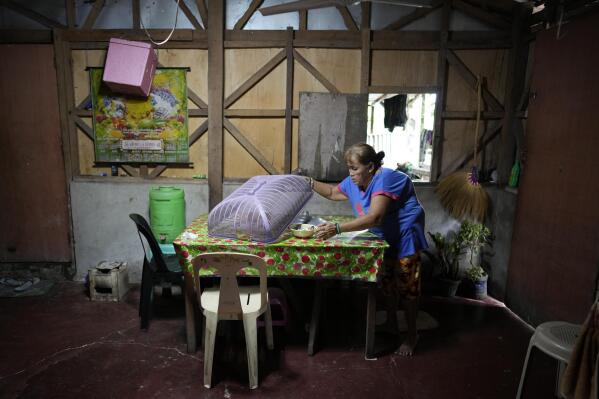 Fish vendor and small store owner Emelita Aberilla arranges the table on Sunday, Oct. 23, 2022 at her home at the coastal village of Anibong, an area badly hit by super Typhoon Haiyan when it struck the province nine years ago, in Tacloban city, central Philippines. Aberilla chose to remain in their typhoon-struck village despite the dangers it poses and the trauma she endured during Typhoon Haiyan. She said there’s work here and the relocation is too far for her. She lost two granddaughters during the typhoon (AP Photo/Aaron Favila)