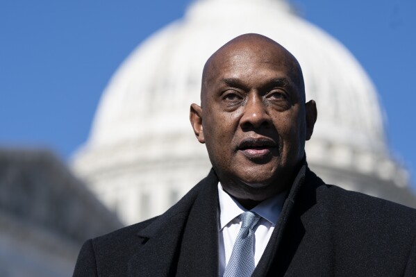 Rep. Dwight Evans, D-Pa., speaks with reporters about the Violent Incident Clearance and Technological Investigative Methods (VICTIM) Act, on Capitol Hill, Wednesday, Feb. 9, 2022, in Washington. (AP Photo/Alex Brandon, File)