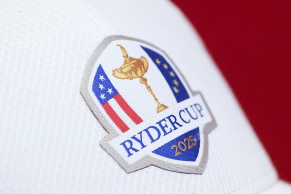 The Ryder Cup logo during a captains press conference in New York, Tuesday, Oct. 8, 2024. (AP Photo/Heather Khalifa, file)