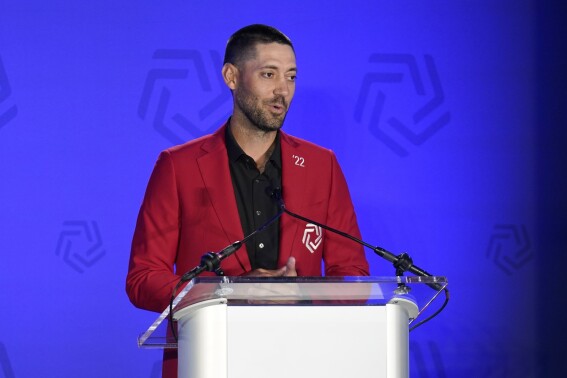 Clint Dempsey makes remarks during an induction ceremony for the United States National Soccer Hall of Fame, May 22, 2022, in Frisco, Texas. (AP Photo/Tony Gutierrez, File)