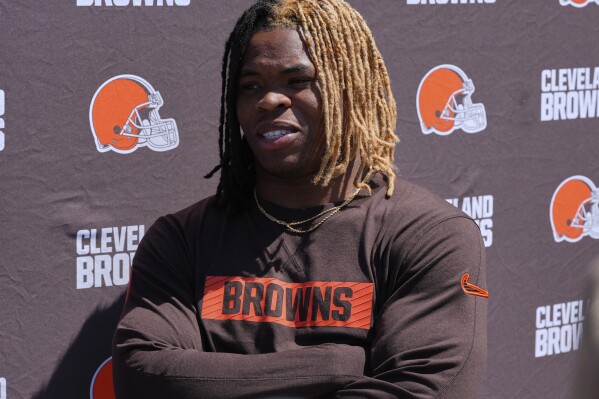 Cleveland Browns running back Quinshon Judkins speaks during a news conference at the NFL football team's rookie minicamp in Berea, Ohio, May 9, 2025. (AP Photo/Sue Ogrocki, file)