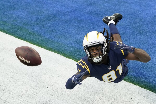 Los Angeles Chargers wide receiver Mike Williams cannot make a catch in the end zone during the second half of an NFL football game against the Las Vegas Raiders, Nov. 8, 2020, in Inglewood, Calif. (AP Photo/Ashley Landis, file)