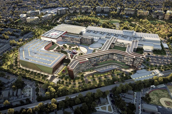 This image rendering from Resorts World shows the Resorts World casino, owned by Malaysian casino giant Genting, a $5.5-billion investment to its gaming facility at the Aqueduct Racetrack in the Queens borough of New York. (Resorts World via AP)