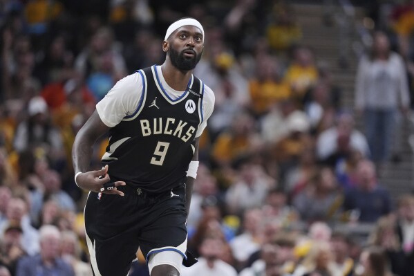 Milwaukee Bucks forward Bobby Portis (9) gestures after a basket during the second half of a first-round NBA basketball playoff game in Indianapolis, Tuesday, April 22, 2025. (AP Photo/Michael Conroy, File)