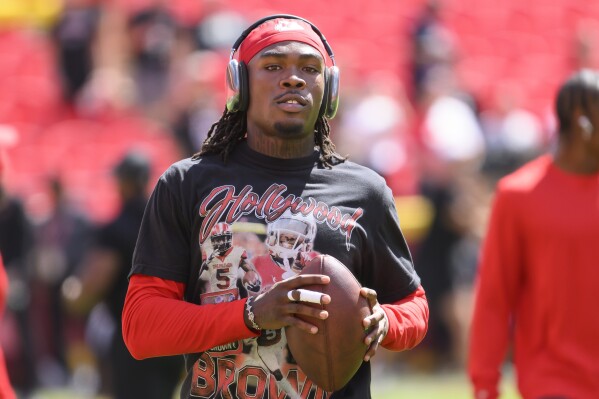 Kansas City Chiefs wide receiver Rashee Rice carries after a catch during warmups before an NFL football game against the Cincinnati Bengals, Sept. 15, 2024, in Kansas City, Mo. (AP Photo/Reed Hoffmann, File)