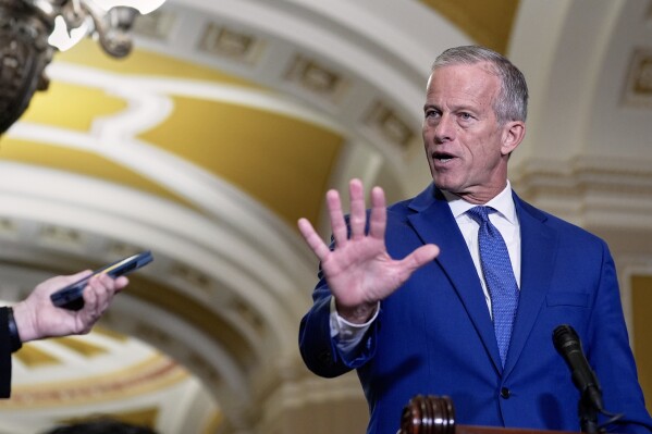 Sen. Majority Leader John Thune, R-S.D., talks after a policy luncheon on Wednesday, July 9, 2025, at the Capitol in Washington. (AP Photo/Mariam Zuhaib, File)