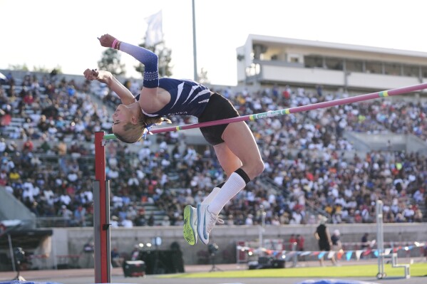 AB Hernandez, a transgender student at Jurupa Valley High School, competes in the high jump at the California high school track-and-field championships in Clovis, Calif., May 31, 2025. (AP Photo/Jae C. Hong, File)