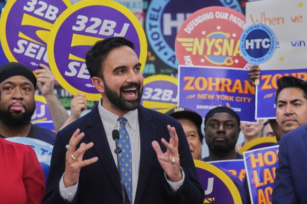 Democrat mayoral candidate Zohran Mamdani speaks during a rally at the Hotel &amp; Gaming Trades Council headquarters in New York, Wednesday, July 2, 2025. (AP Photo/Richard Drew)