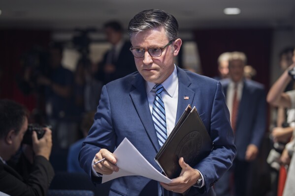 Speaker of the House Mike Johnson, R-La., arrives for a news conference at the Republican National Committee headquarters in Washington, Tuesday, July 15, 2025. (AP Photo/J. Scott Applewhite)