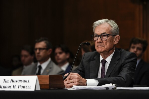 Federal Reserve Board Chairman Jerome Powell listens during a Senate Committee on Banking hearing, Wednesday, June 25, 2025, on Capitol Hill in Washington. (AP Photo/Julia Demaree Nikhinson)