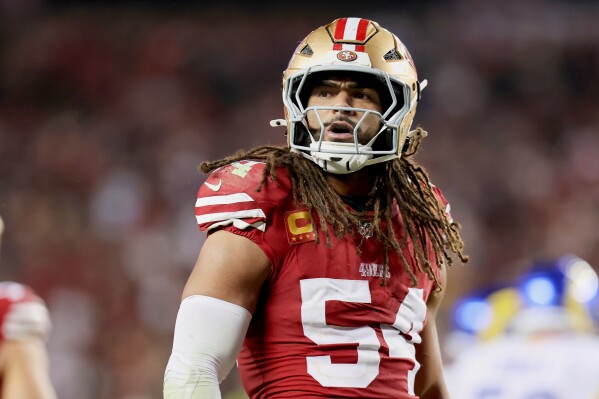 San Francisco 49ers linebacker Fred Warner (54) reacts in the fourth quarter during an NFL football game against the Los Angeles Rams, Thursday, December 12, 2024, in Santa Clara, Calif. (AP Photo/Scot Tucker, File)